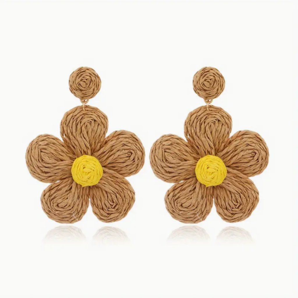 Natural Tan Yellow Raffia Flower Tropical Beach Vacation Dangle Earrings New 17$